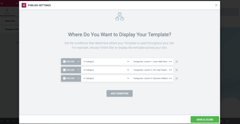 Cum să creați un site web de curs online în WordPress utilizând Elementor (Tutorial și Ghid de planificare prealabilă) 23 Display your template under a specific category