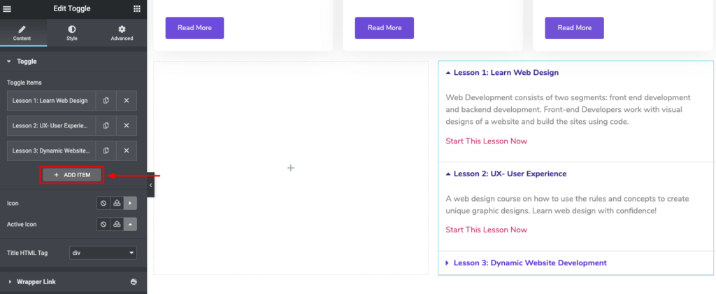 Cum să creezi un site web de curs online în WordPress utilizând Elementor (tutorial și ghid de planificare prealabilă) 11 Add a toggle bar to link your lesson pages