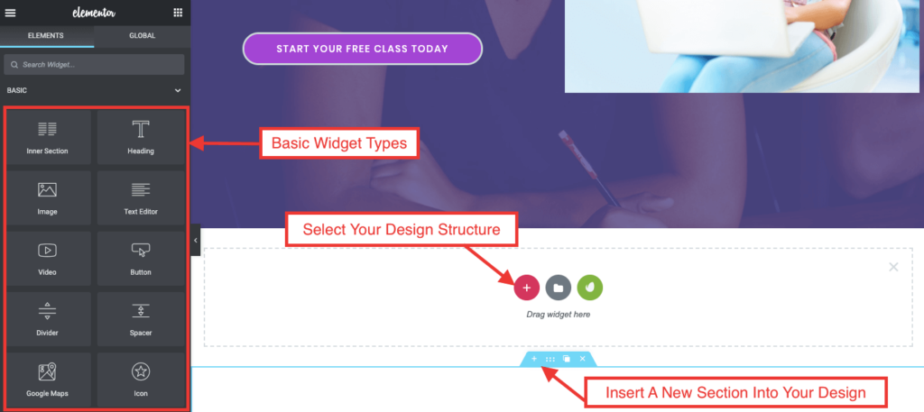 Cum să creezi un site web de curs online în WordPress utilizând Elementor (tutorial și ghid de planificare prealabilă) 8 Drag and drop your required block type and customize your design