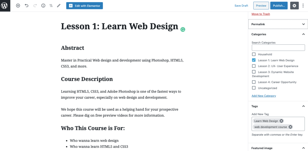 Cum să creați un site web de curs online în WordPress utilizând Elementor (tutorial și ghid de planificare prealabilă) 14 Customize the content of your course lesson