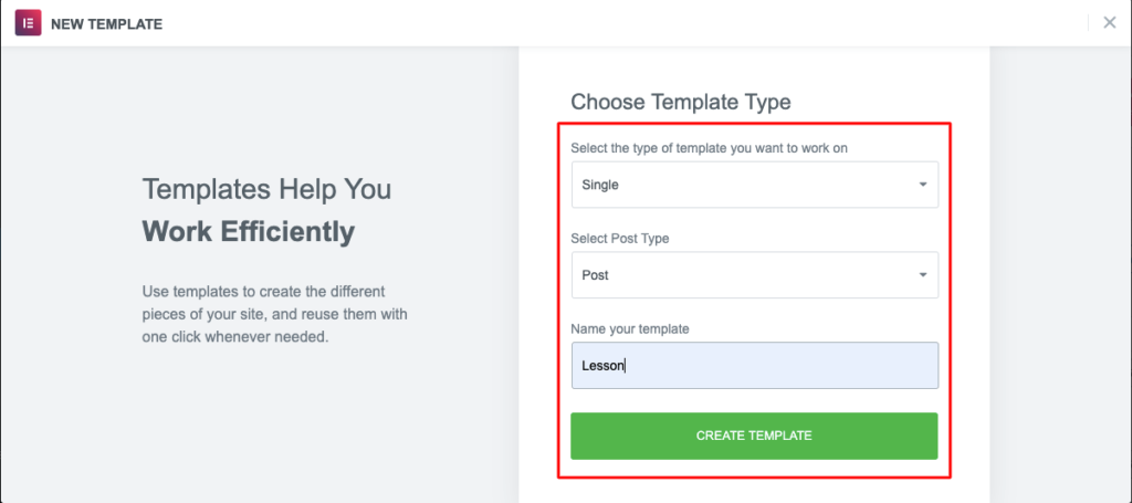 Cum să creați un site web de curs online în WordPress utilizând Elementor (Tutorial și Ghid de planificare prealabilă) 17 Select the template type for your lesson page