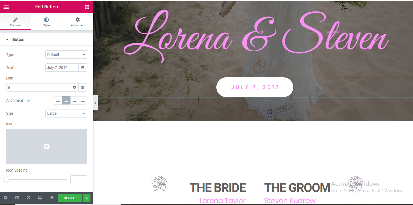 Cum să creezi un site web de nuntă care să-ți facă ziua cea mare mai specială 12 how to change Elementor button text while bilding a wedding website