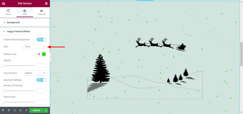 如何使用 Happy Particle 14 設計您的 WordPress 網站 snow effect