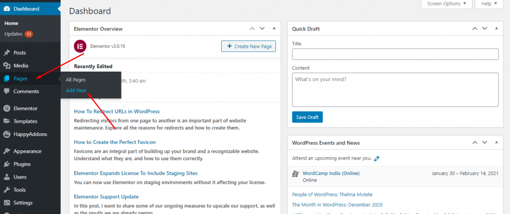 Cómo crear un sitio web de restaurante usando WordPress y Elementor 3 Create New Page