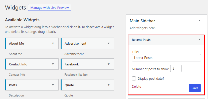 Cómo mostrar publicaciones recientes en WordPress 5 Customizing Recent Posts Widget