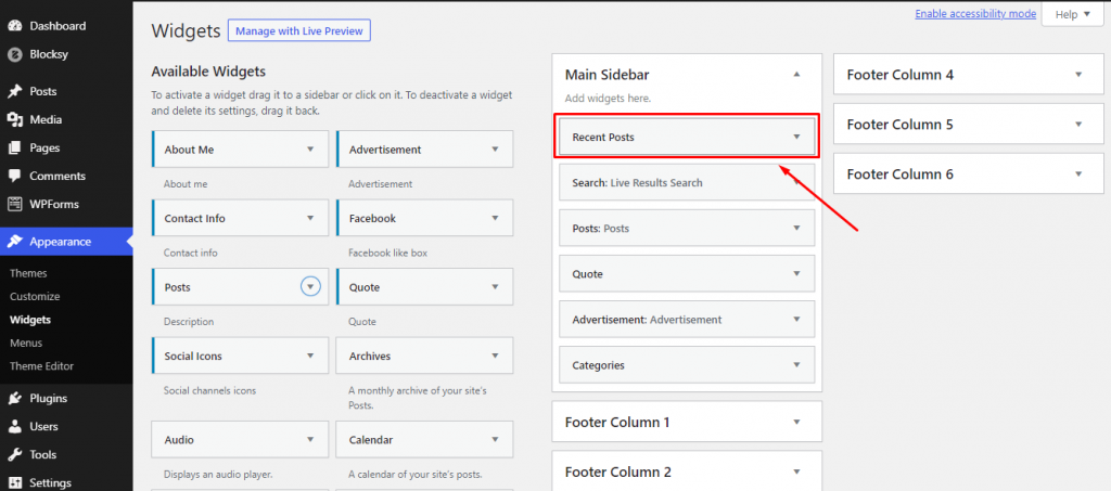 Cómo mostrar publicaciones recientes en WordPress 4 Adding Recent Posts Widget