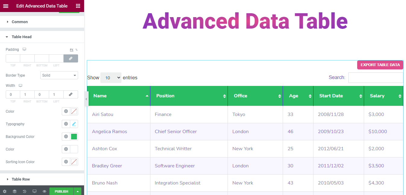 Cum să utilizați widgetul tabel de date avansat în site-urile web Elementor (5 pași simpli) 7 Style Data Table Head