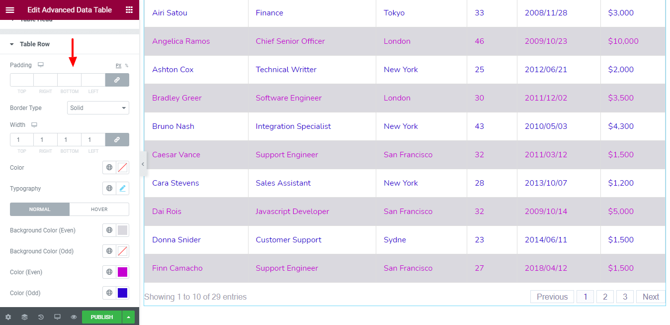 Cum să utilizați widgetul tabel de date avansat în site-urile web Elementor (5 pași simpli) 8 Style Advanced Data Table Row