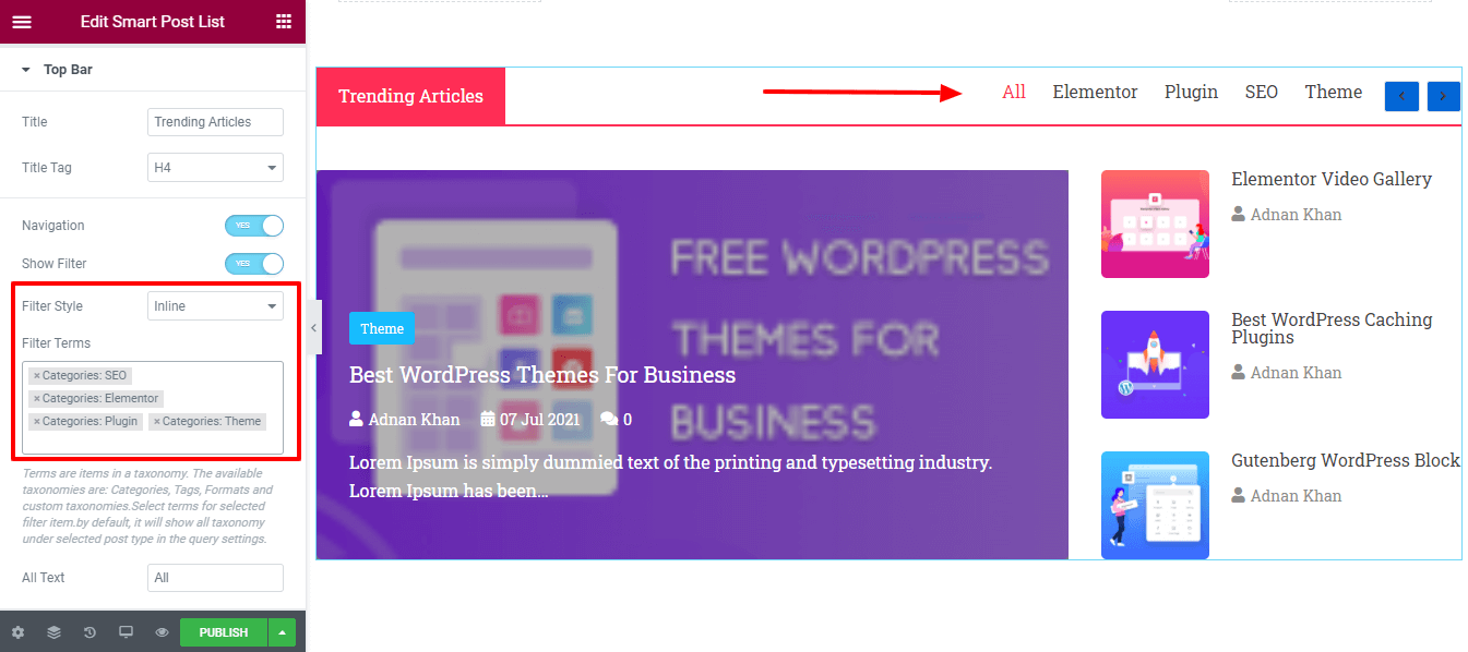Comment créer une liste de publications sur le site Web Elementor à l'aide du widget Happy Smart Post List 4 Content Top Bar Settings