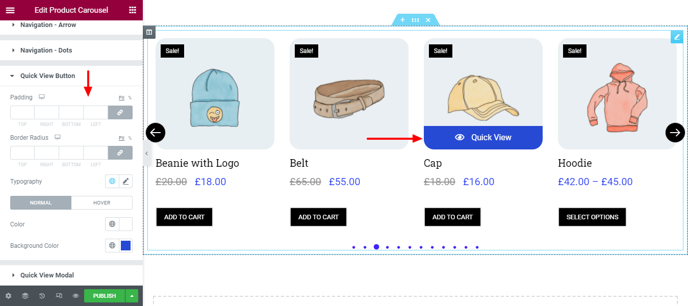 Utwórz karuzelę produktów za pomocą widżetu karuzeli produktów WooCommerce w witrynie Elementor 16 Style Quick View Button