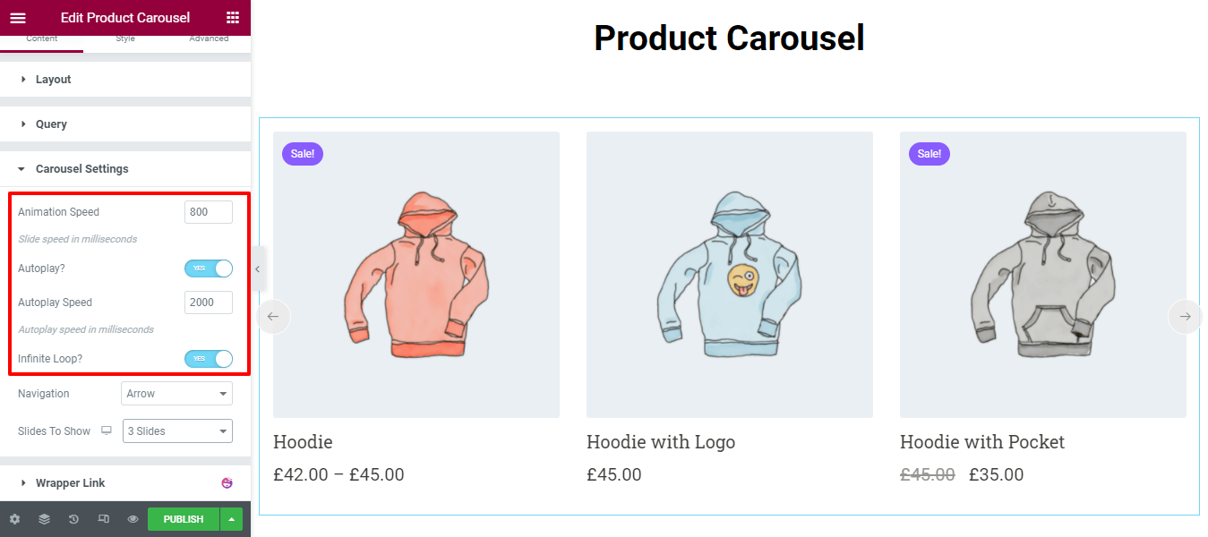 Utwórz karuzelę produktów za pomocą widżetu karuzeli produktów WooCommerce w witrynie Elementor 6 Content Carousel Settings