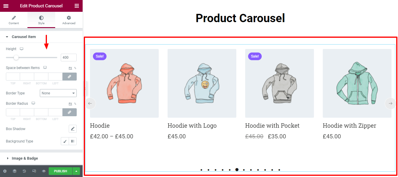 Utwórz karuzelę produktów za pomocą widżetu karuzeli produktów WooCommerce w witrynie Elementor 9 Style Carousel Items