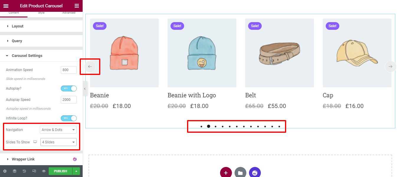 Utwórz karuzelę produktów za pomocą widżetu karuzeli produktów WooCommerce w witrynie Elementor 7 Content Carousel Settings Navigation
