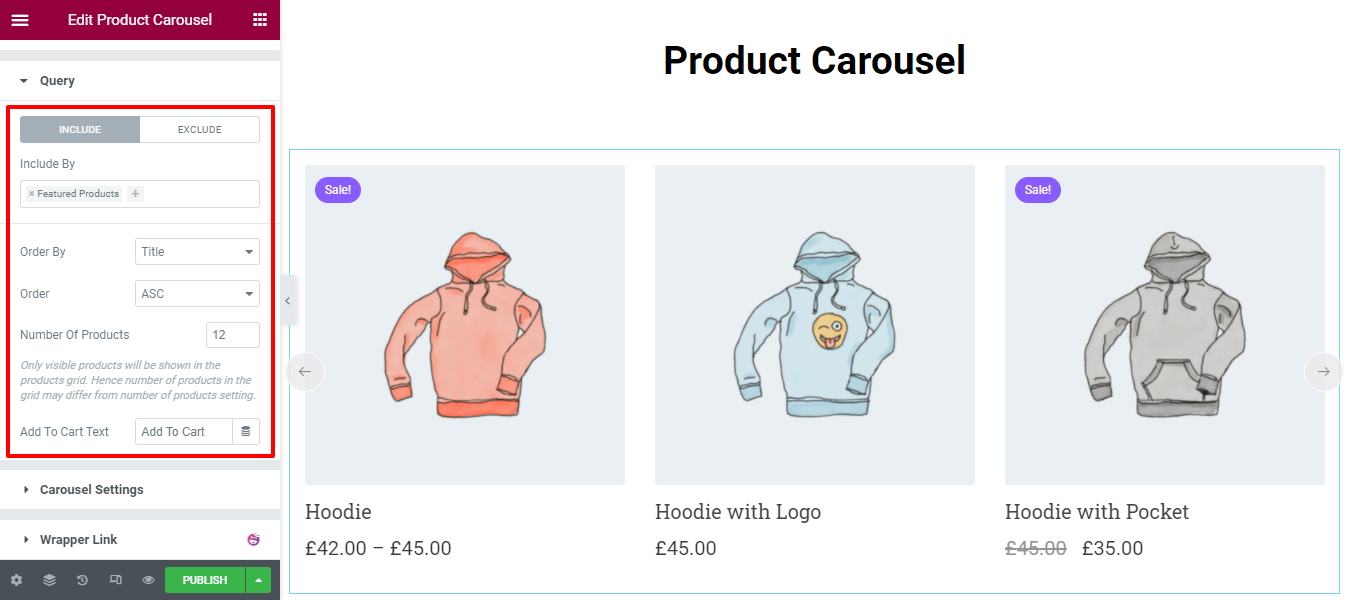 Utwórz karuzelę produktów za pomocą widżetu karuzeli produktów WooCommerce w witrynie Elementor 5 Content Query of Carousel