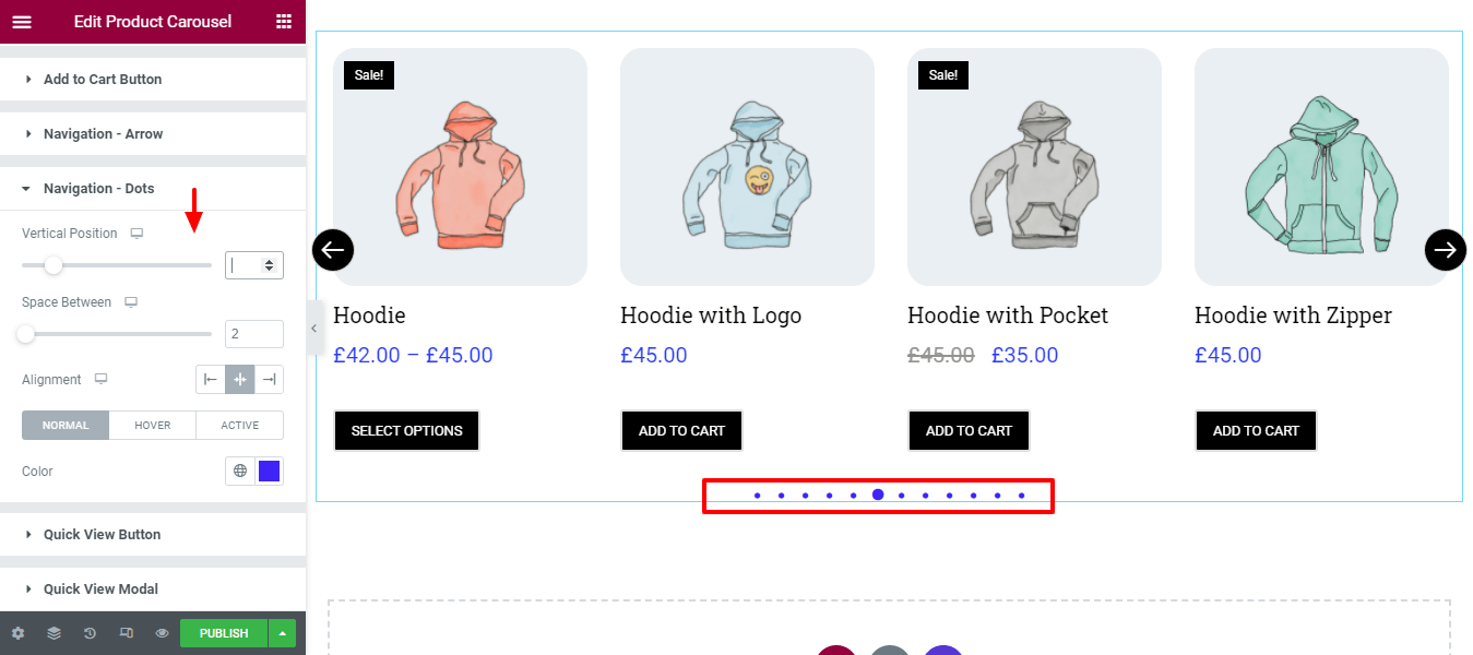 Utwórz karuzelę produktów za pomocą widżetu karuzeli produktów WooCommerce w witrynie Elementor 15 Style Navigation Dots