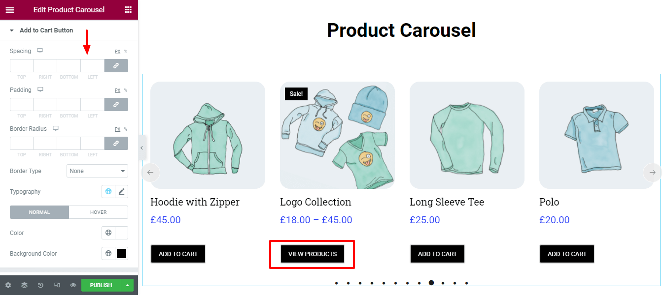Utwórz karuzelę produktów za pomocą widżetu karuzeli produktów WooCommerce w witrynie Elementor 13 Style Add to Cart Button