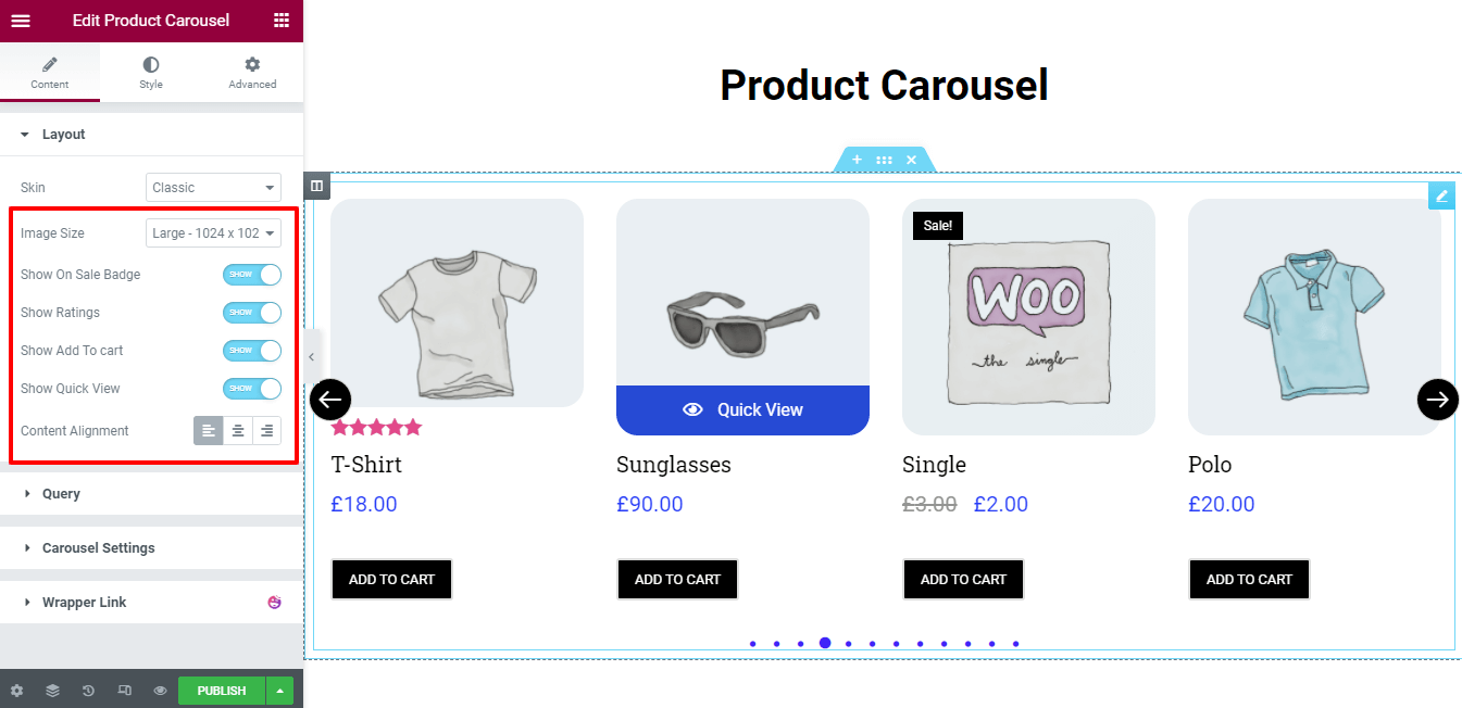 Utwórz karuzelę produktów za pomocą widżetu karuzeli produktów WooCommerce w witrynie Elementor 4 Layout Content