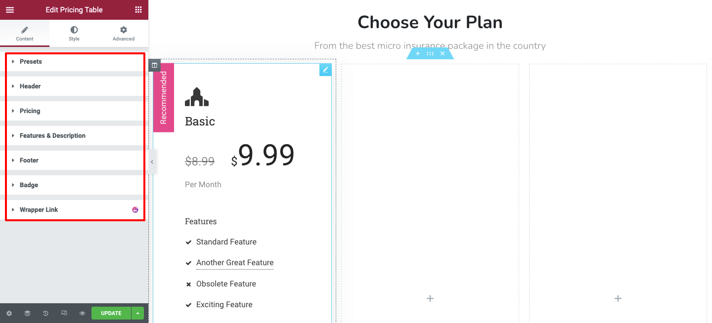 使用 Happy Addons 3 在您的 Elementor 網站中創建定價表 Content of Pricing Table widget