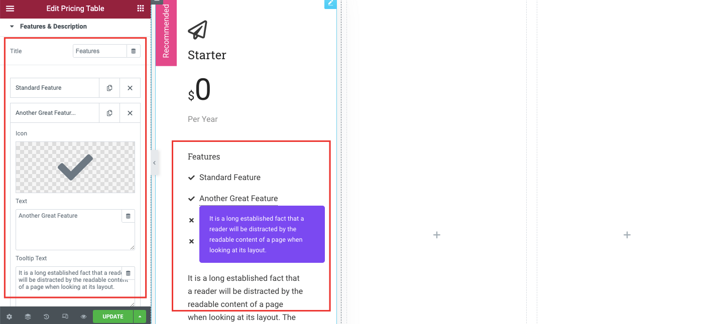 使用 Happy Addons 7 在您的 Elementor 網站中創建定價表 Features & Descriptions