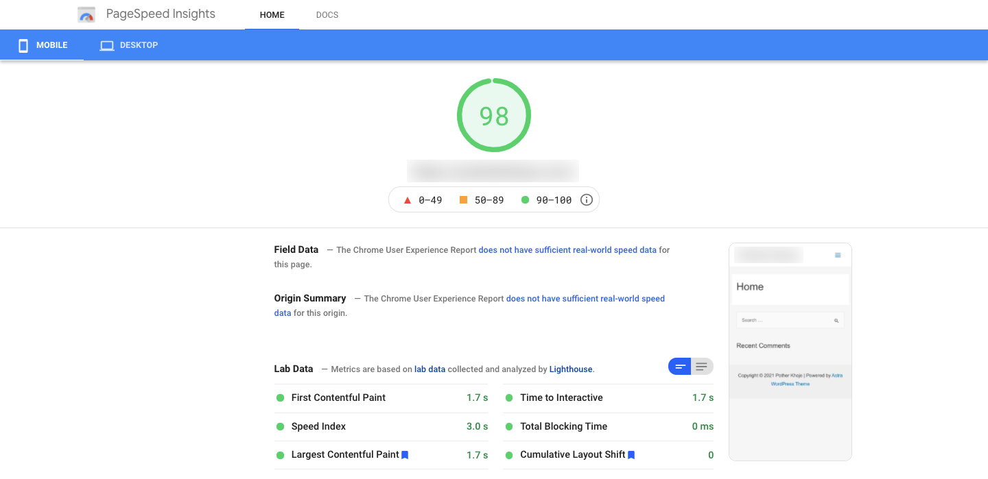 Una revisión honesta del tema Hello de Elementor: ventajas y desventajas, precios, prueba de velocidad, tutorial y más 6 PageSpeed using WP Astra