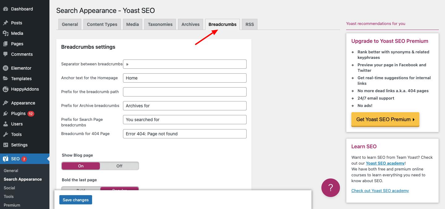 為什麼以及如何添加 Elementor 麵包屑以改善您的網站導航 6 Yoast Breadcrumbs Settings