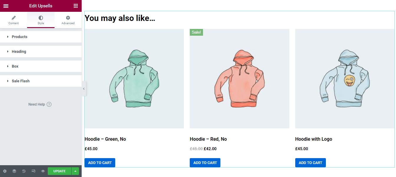 如何使用 Elementor 24 編輯 WooCommerce 產品頁面 Style Upsells Widget