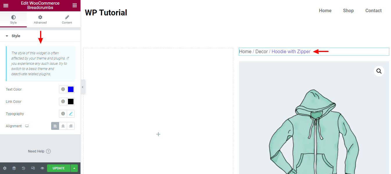 如何使用 Elementor 11 編輯 WooCommerce 產品頁面 Style WooCommerce Breadcrumbs