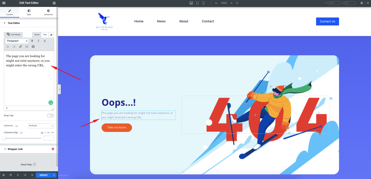 Elementor 16 Kullanarak WordPress Siteniz İçin Özel Bir 404 Sayfası Nasıl Oluşturulur Elementor Text Editor