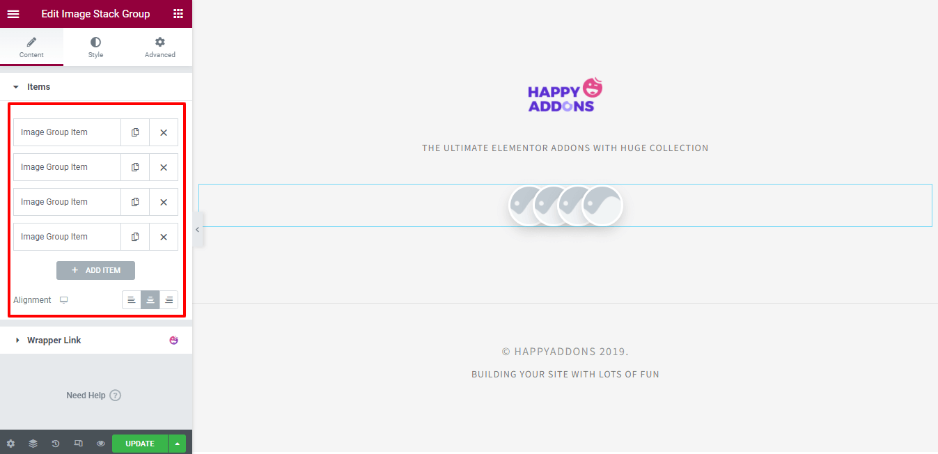 使用 Happy Addons 3 在 Elementor 網站中創建圖像堆棧組 Add Items & Set Alignment