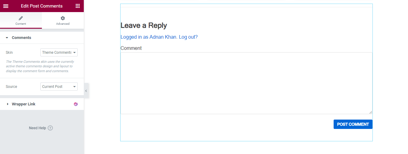 วิธีสร้างเทมเพลตการโพสต์บล็อก Elementor แบบกำหนดเอง 20 Add Post Comment Widget