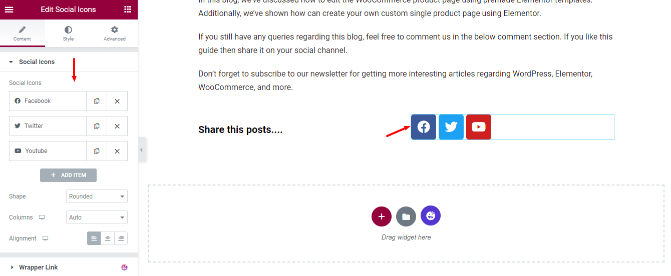 วิธีสร้างเทมเพลตการโพสต์บล็อก Elementor แบบกำหนดเอง 15 Add Social Share Widget