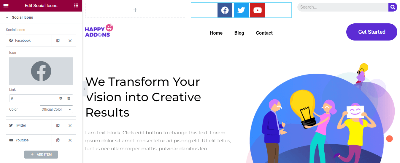 如何使用 Elementor 13 编辑 WordPress 标题 Add Social Item