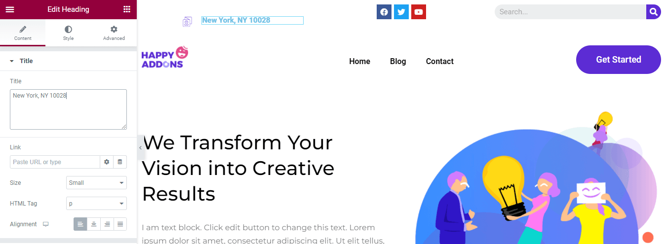 如何使用 Elementor 18 编辑 WordPress 标题 Add Heading Widget & Write Address
