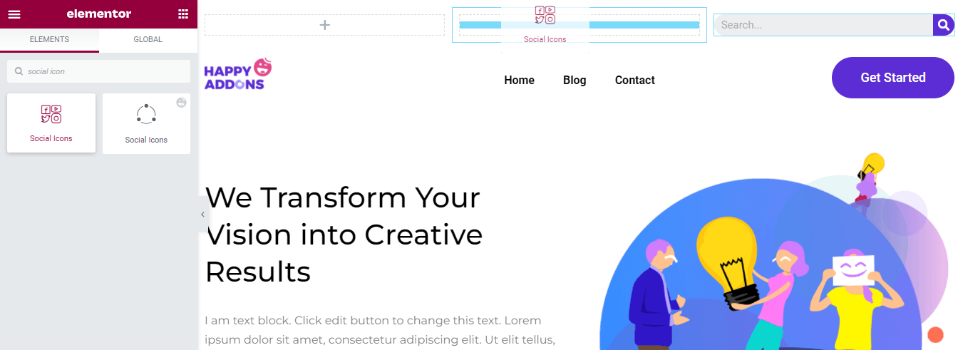 如何使用 Elementor 11 编辑 WordPress 标题 Add Social Icons Widget