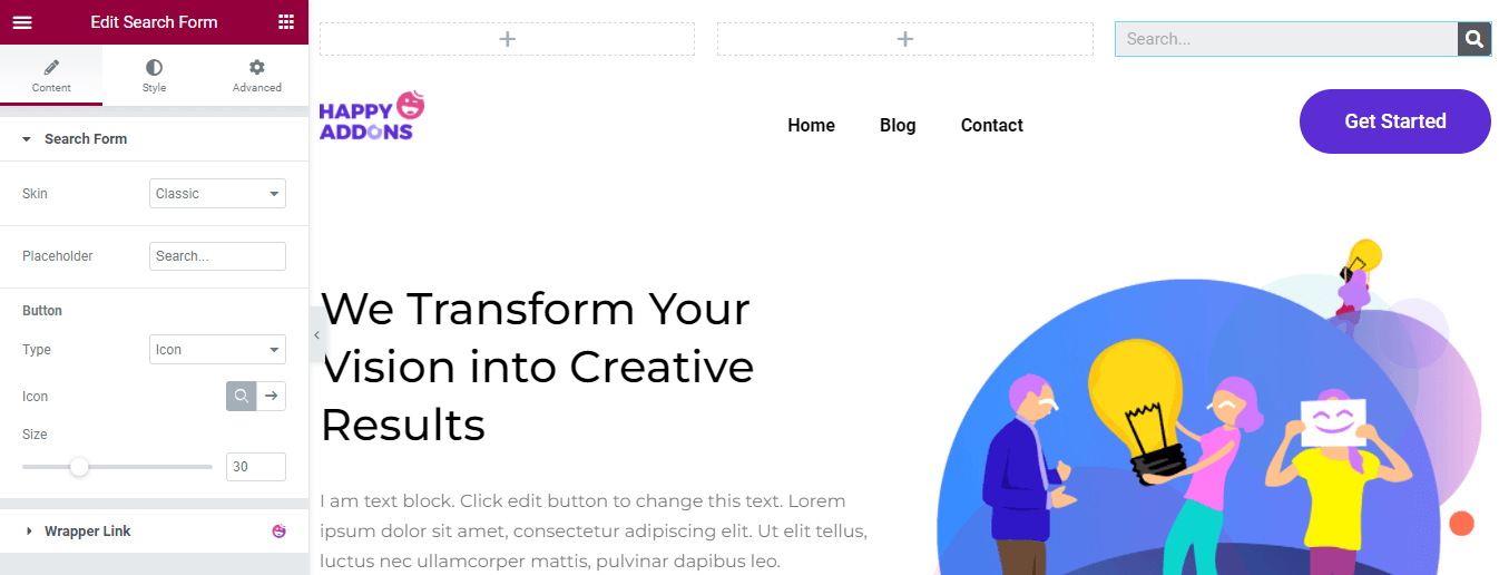 如何使用 Elementor 9 编辑 WordPress 标题 Search Form Content