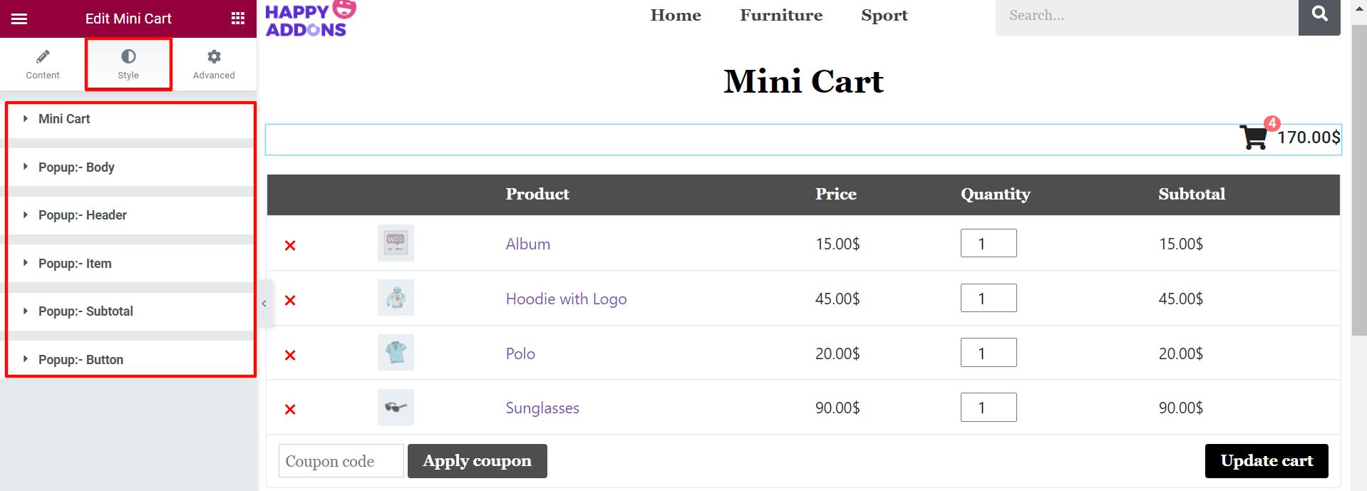 Cara Mengedit Halaman Keranjang WooCommerce dengan Elementor 28 Mini Cart Styles of Happy Addons