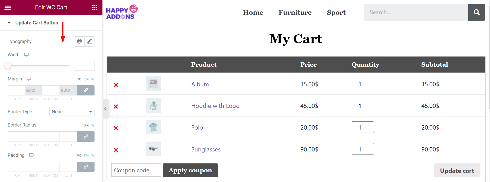 Cara Mengedit Halaman Keranjang WooCommerce dengan Elementor 13 Update Cart Button