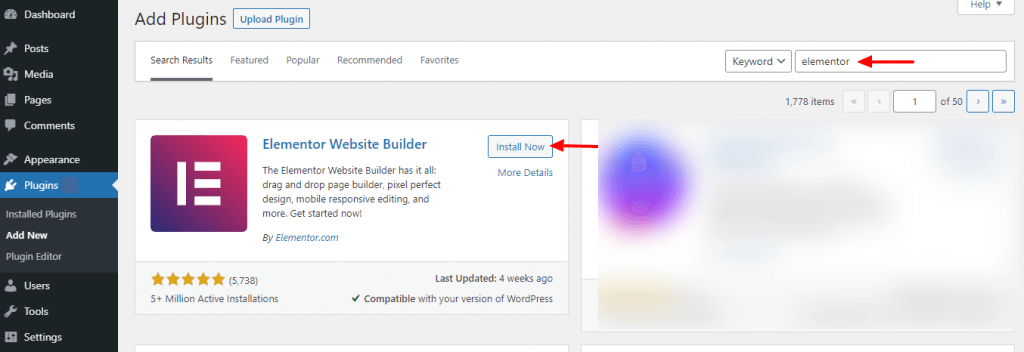 Cara Membuat Halaman Baru di WordPress 19 Search and Install Elementor