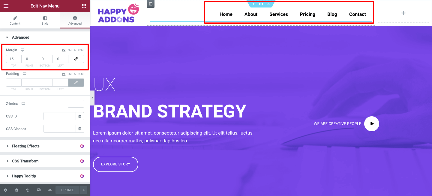 2분 만에 맞춤형 Elementor 헤더를 디자인하는 방법 14 Nav menu advanced settings