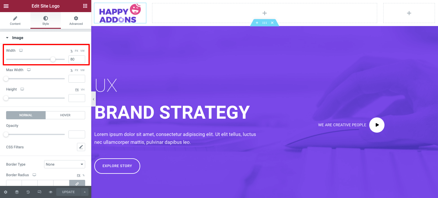 2분 만에 맞춤형 Elementor 헤더를 디자인하는 방법 7 Set Site Logo width