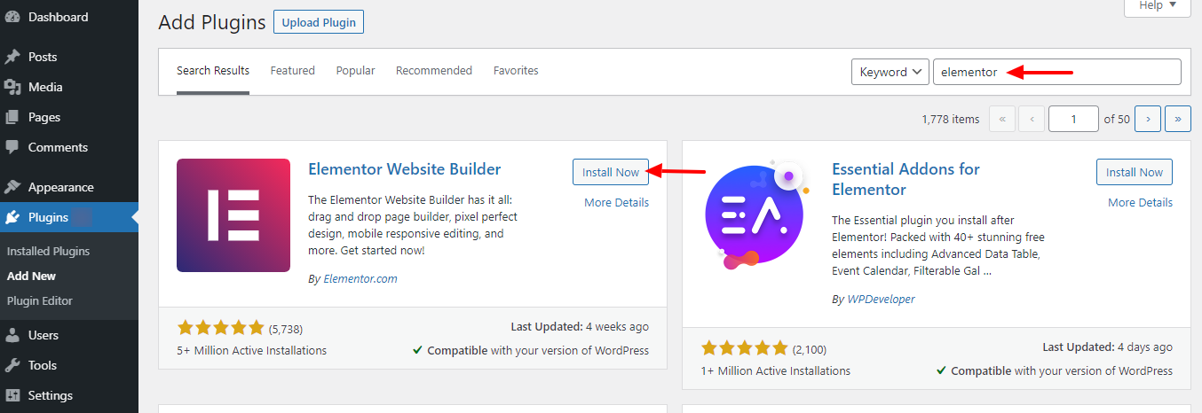 如何使用 Elementor:初学者终极指南 5 Search and install Elementor