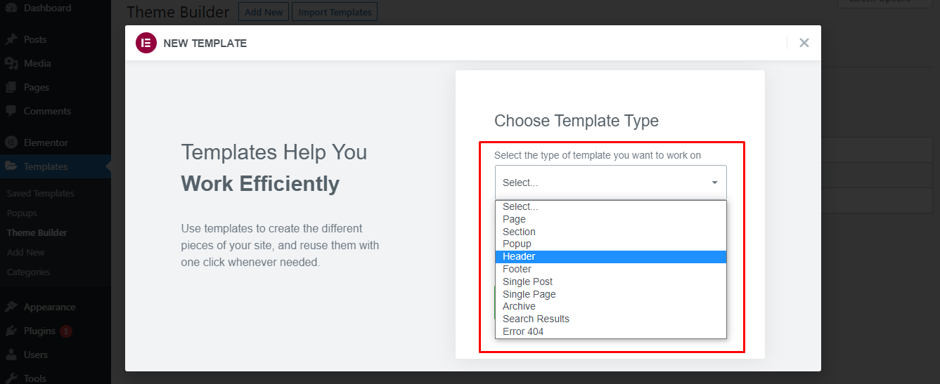 如何使用 Elementor:初学者终极指南 27 Choose a templte type