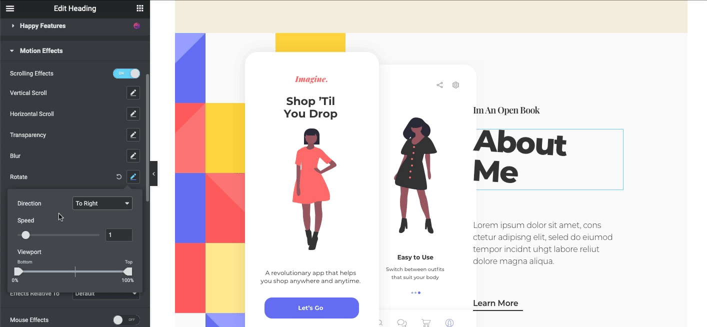 Como adicionar efeitos de paralaxe ao site Elementor em 2 minutos 21 Rotate effect