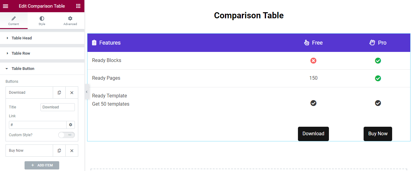 วิธีสร้างตารางเปรียบเทียบสินค้าใน WordPress 13 Content of Table Button