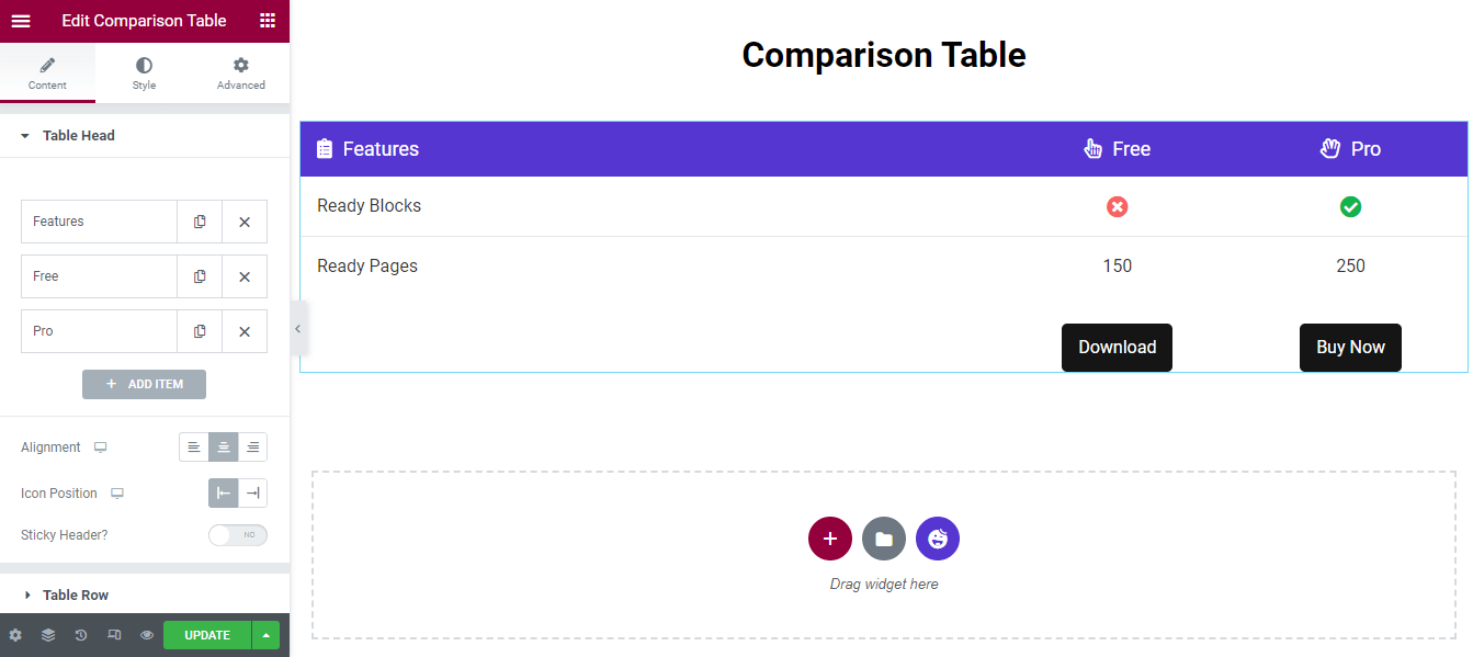 วิธีสร้างตารางเปรียบเทียบสินค้าใน WordPress 5 Table Head content