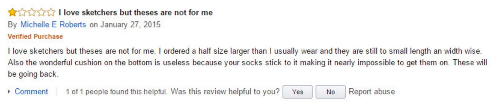 Questa recensione da parte di un cliente Amazon di un paio di scarpe da passeggio si traduce nel problema relativo alla calzata della scarpa per una persona specifica, non necessariamente al prodotto.