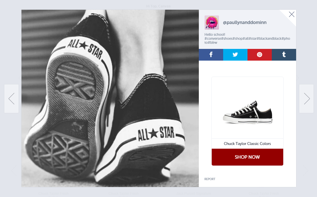 Converse aggiunge le foto dei clienti reali da Instagram alle sue pagine dei prodotti e collega all'articolo mostrato nella foto in modo da poterlo visualizzare.
