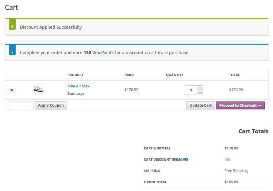 WooCommerce Points e Rewards in azione, mostrando sia uno sconto su un paio di scarpe nel carrello che più punti accumulati.