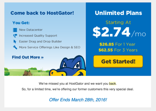 Questa e-mail, indirizzata agli ex clienti, offre un accordo in cambio del ritorno al servizio di hosting.