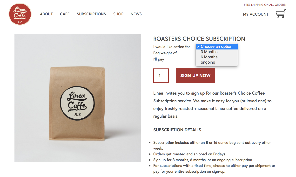 Linea Caffe 訂閱頁面